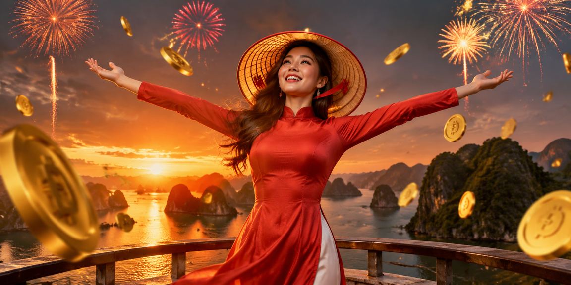 Cảnh Vịnh Hạ Long về đêm với màn hình esports và cờ nón lá Việt Nam