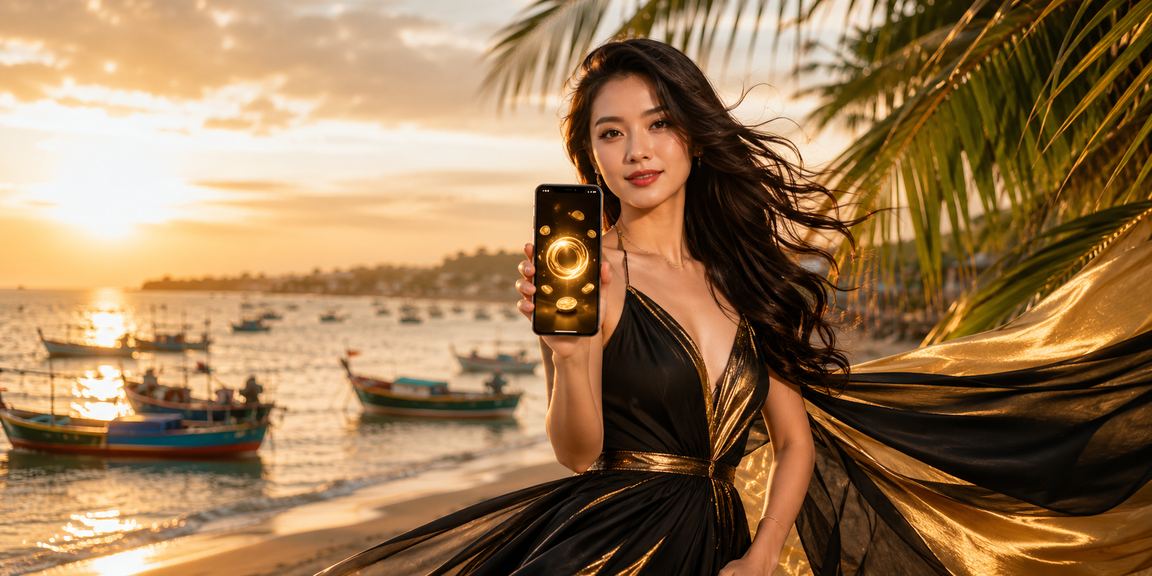 Cảnh biển Mũi Né với biểu tượng hoàn tiền và chương trình cashback cược trực tuyến